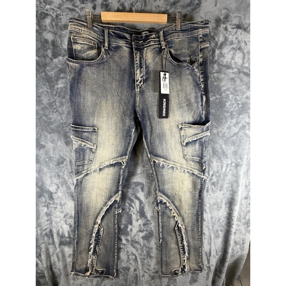 Kindred Distressed Cargo Pocket Blue Jeans Men's Size 38x36 NWT